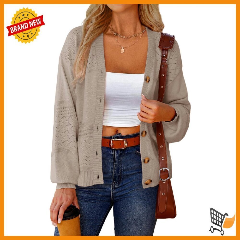 Lightweight Crochet Cardigan V-Neck Button-Down Long Sleeve Women's Sweater